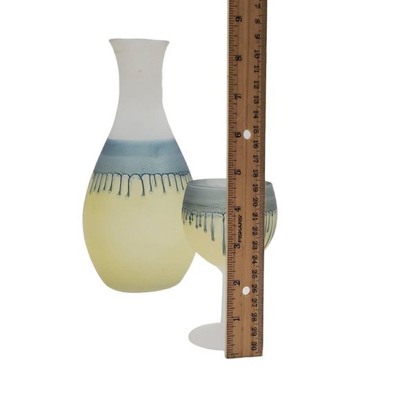 MCM French Drip Glass Carafe Decanter & 6x Small Wine Glasses Blue Yellow Handma - Picture 6 of 10